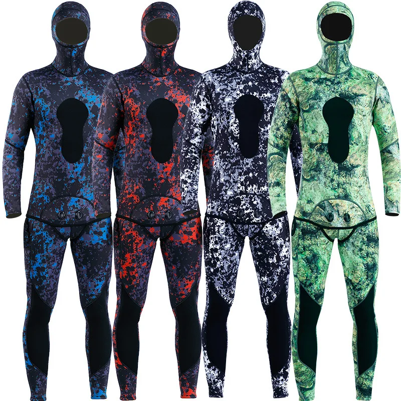 

Men 3MM Neoprene Wetsuit Hooded Spearfishing Camouflage Camo Sealed 2 Parts Splitting Diving Suit Underwater Fishing