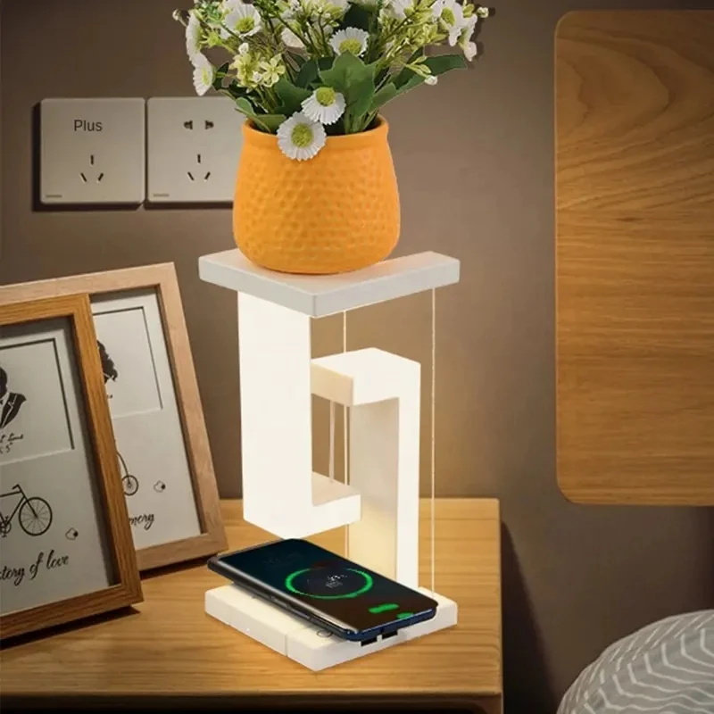 LED Suspended Anti-gravity Night Light with 10W WirelessCharger,Bedroom Bedside Home Creative Design LED Levitating Table Lamp