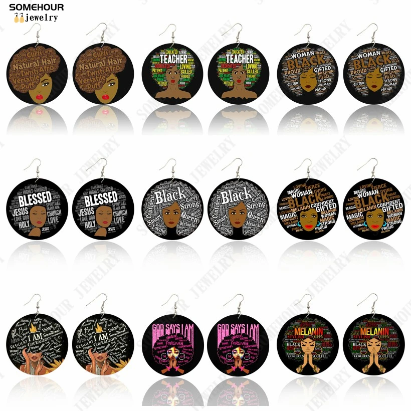 SOMEHOUR Natural Hair Afro Curls Twists Woman Wooden Drop Earrings Black Blessed Jesus Melanin Sayings Big Circle Dangle Gifts