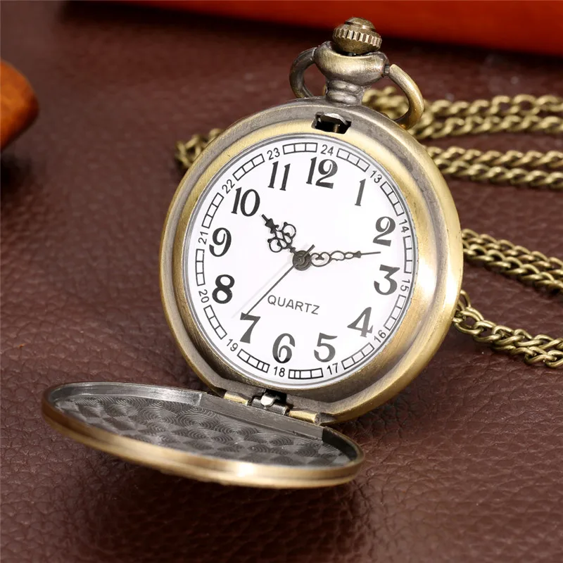 Vintage Style Carved Carriage Design Men Women Retro Analog Quartz Pocket Watch Necklace Chain Arabic Number Clock Gift