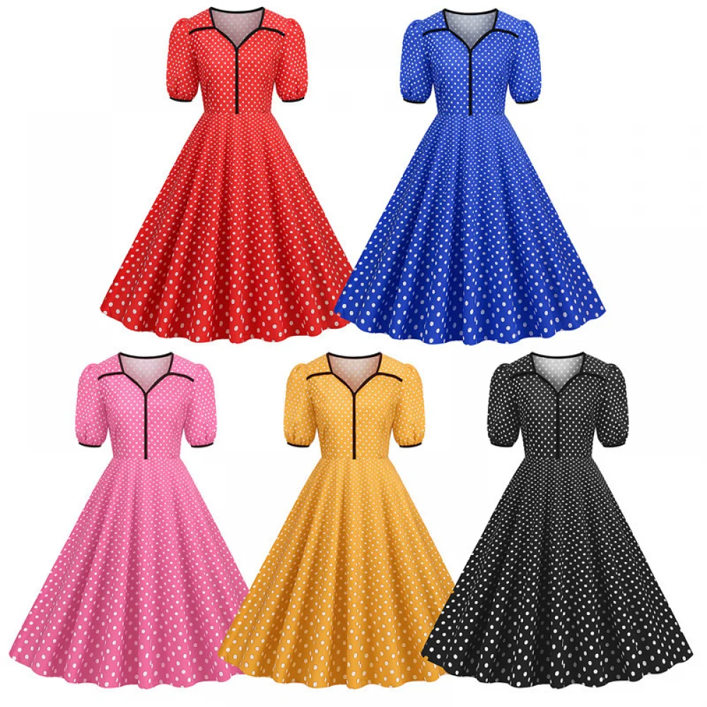 Gaun Prom Rockabilly Polka Dot Antik 50S 60S Kerah Takik Wanita Gaun Midi Pesta Ayun Koktail Kerah V Lengan Pendek