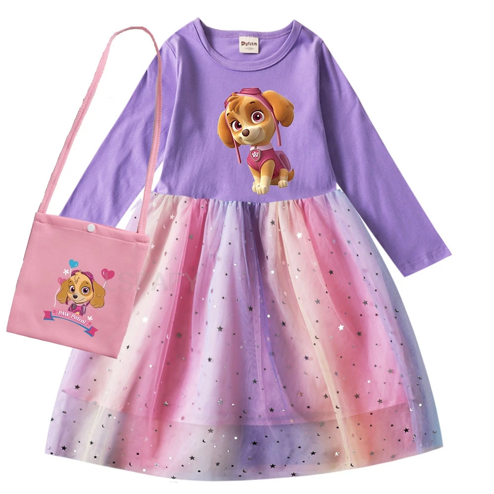 PAW PATROL Princess Dress Girls Dress Skye Cartoon Kids Dress Long-sleeved For Children\'s Party Clothes Cotton Dress 1-8Y