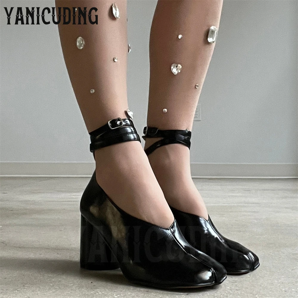 

Ankle Strap Tabi Pumps Black Leather Split Toe High Heeled Shoes Novelty Unique Cylindrical Heel Pumps for Women Custom Colors