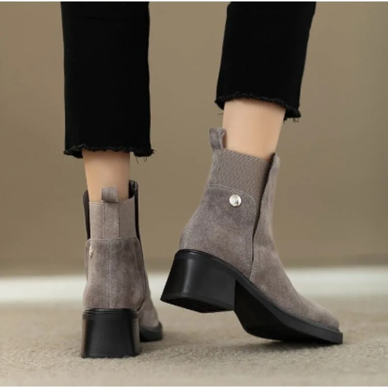High Heels Women Ankle Boots Suede Fashion Chunky Shoes Designer Winter Dress Heeled Boots 2025 New Trend Mujer Chelsea Boots