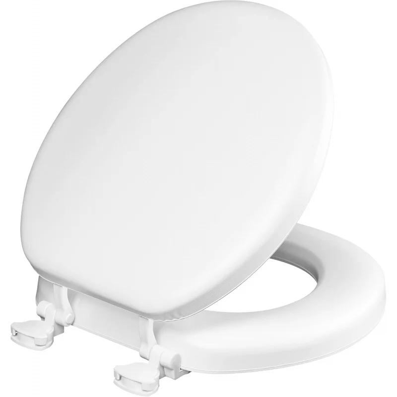 Padded Toilet, Cushioned Soft Vinyl over Wood Core, Secure Hinges, Easy Clean, Round, White