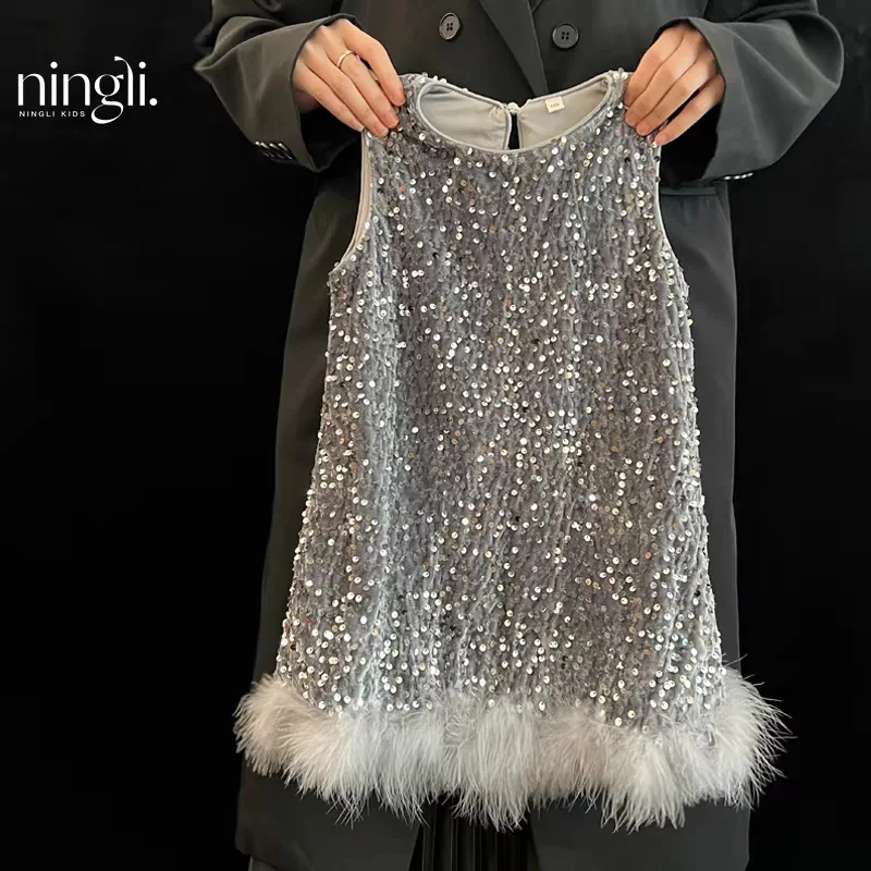 Spring and Autumn Clothing Spring Clothing New Girls' Dress Children's Premium Sequins Feather Vest Skirt Princess Dress