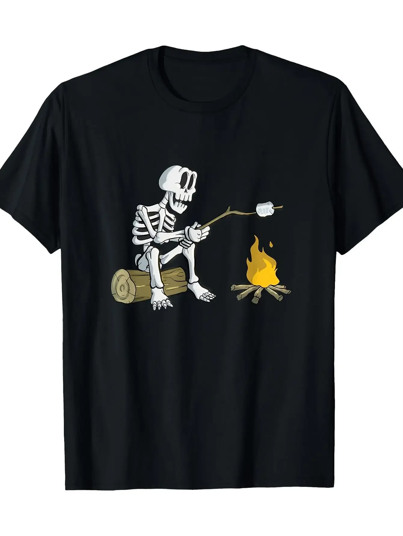 

Skeleton Roasting Marshmallow Graphic Tee Funny Camping Casual Cotton Short Sleeve T-Shirt for Men