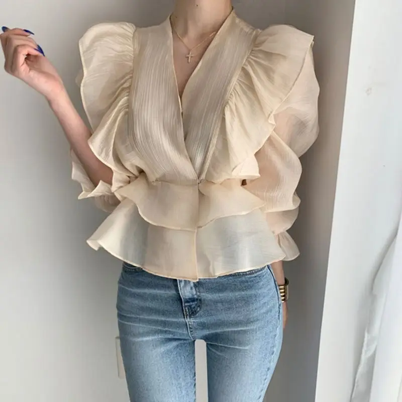 Women Vintage Ruffles Design Elegant Blouse Autumn Fashion V Neck Chic Chiffon Shirts Solid Long Sleeve Gothic Tops Slim Blusas