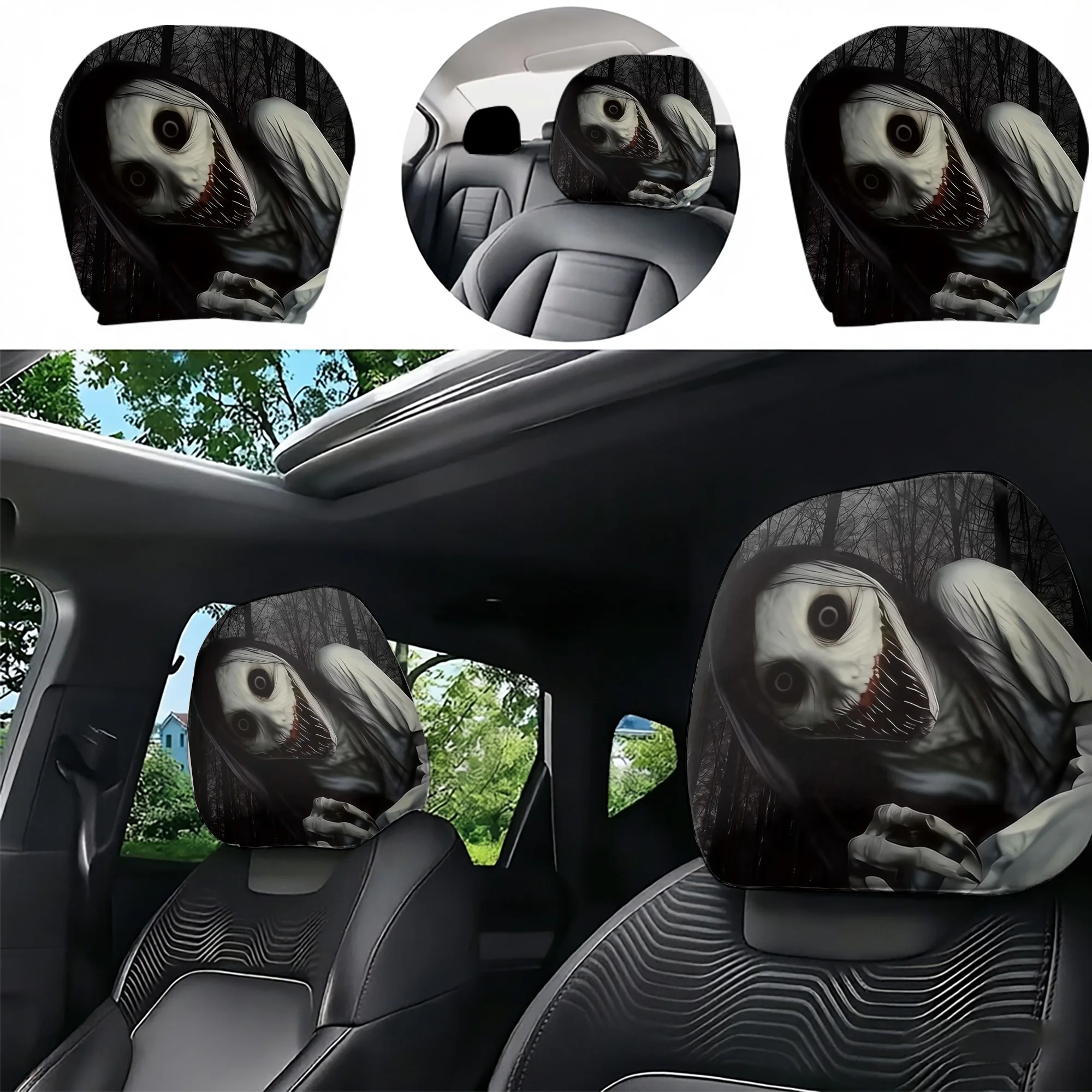 2pcs Spooky Ghost-Patterned Car Headrest Covers to add a spine-chilling atmosphere to your car interior. Does not include fillin