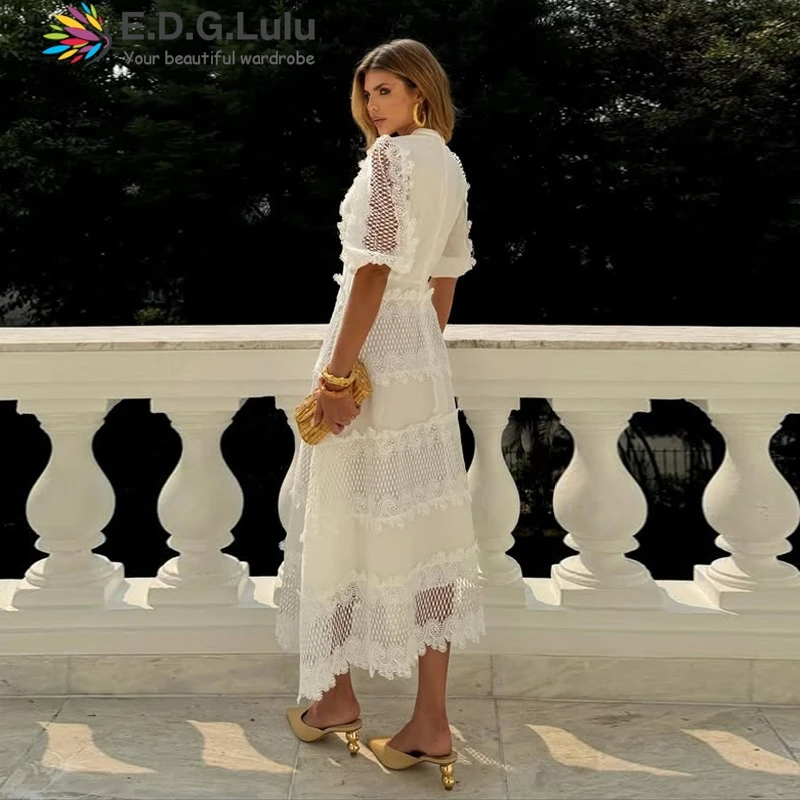 EDGLuLu Retro O Neck Lantern Sleeve Casual Women's Long Dresses Hollow Embroidery Lace Patchwork Asymmetric White Dress 1224