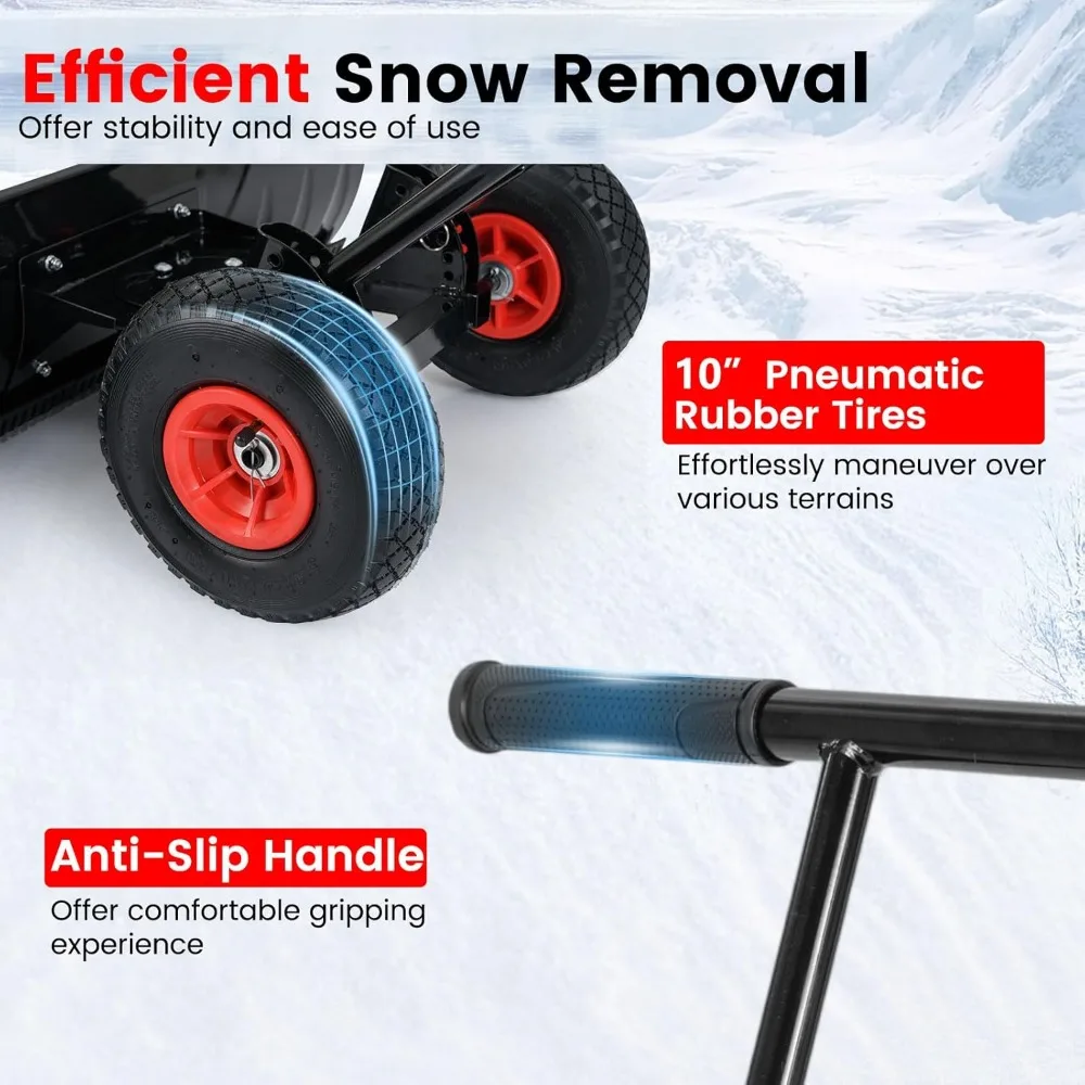 Happygrill Snow Shovel for Driveway, 36” Wide Metal Snow Pusher with Inflatable Wheels, 7-Position Angled Blade, Adjustable Hand