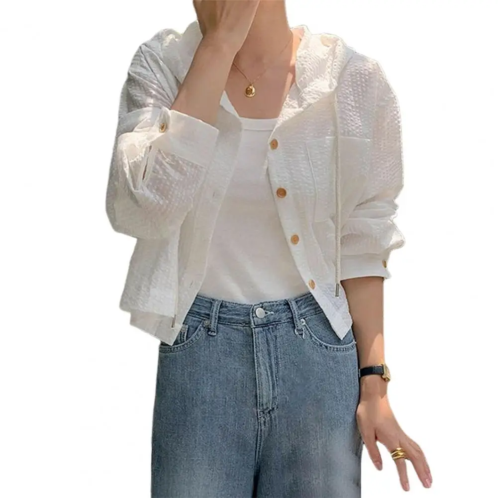 Женский кардиган с защитой от ультрафиолета для женщин, полосатая рубашка на пуговицах с капюшоном на шнурке, кардиган с длинными рукавами для женщин