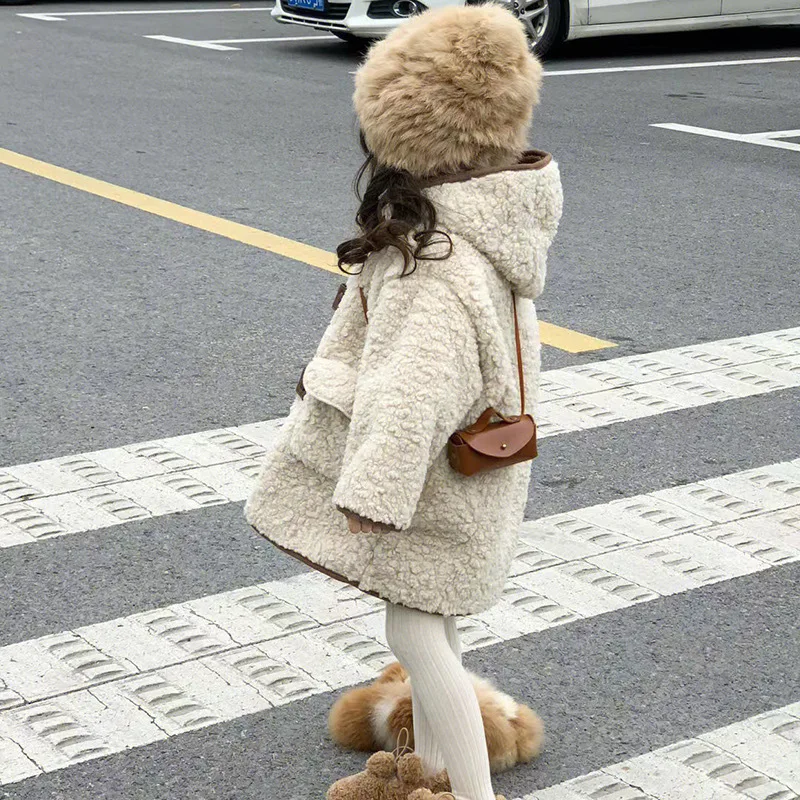 Baby Girls Lamb Wool Coats 2024 Autumn Winter Fashion Children Long Sleeve Thickened Hooded Warm Jackets Kids Clothes Outerwear