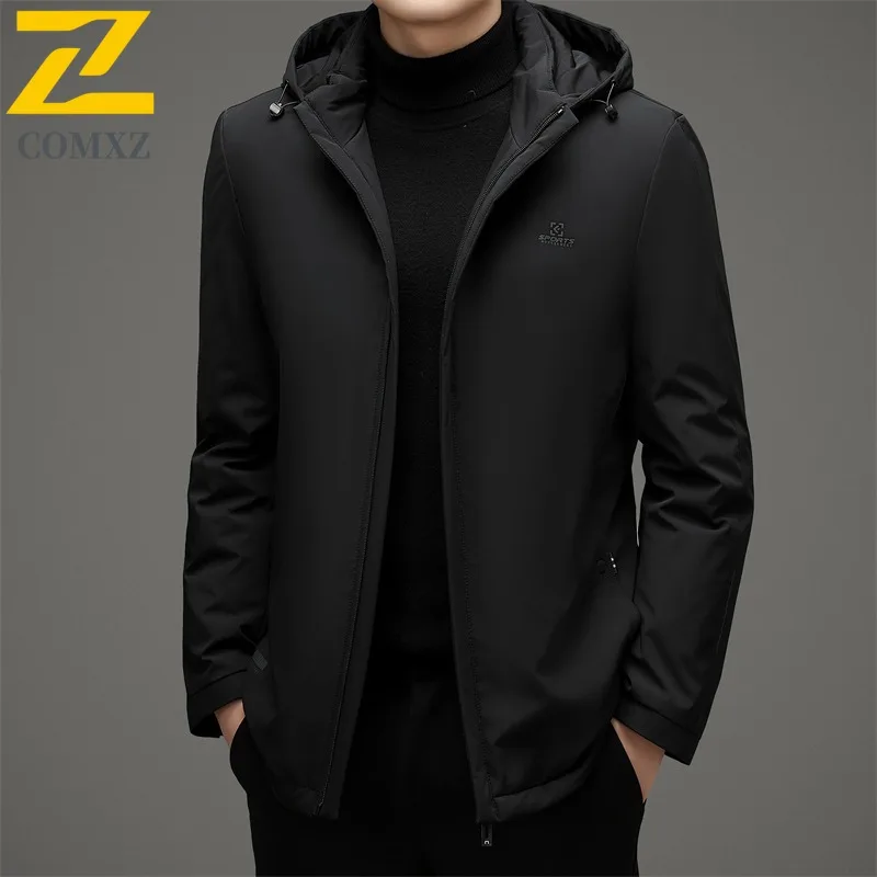 COMXZ Mens Short Down Jacket Detachable Hooded Commuting Office Windproof Parka Fashion Travel Lightweight Autumn Winter Coat