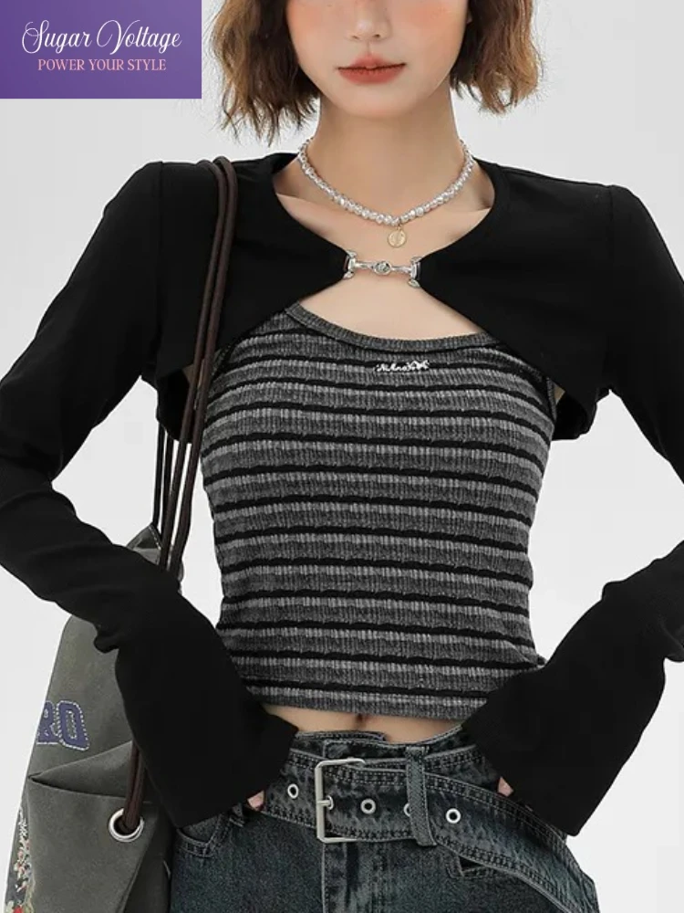 

Fashion Casual Outfit Women Spring Textured Stripe Vest Hollow Out Inner Top With Short Cardigan Slim Fit Retro Chic Stylish Set
