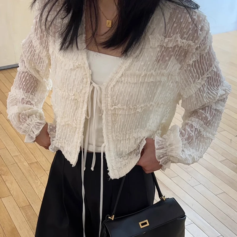 

Sweet Fungus Bow Lace Up Shirt Women 2025 Early Autumn New Sun Protection Coat Y2k Loose Long Sleeve Blusas De Mujer