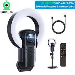 EXHQDR True 4K Streaming Webcam with Ring Light, Autofocus, Focus Lock, Remote Control, 9X Zoom, USB-C&USB Camera for Live Vido
