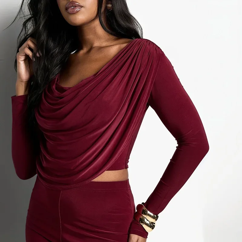 

2025 Women's Cowl Neck Top with High Waist Trousers Two Piece Set Elegant Casual Co-ord Outfit