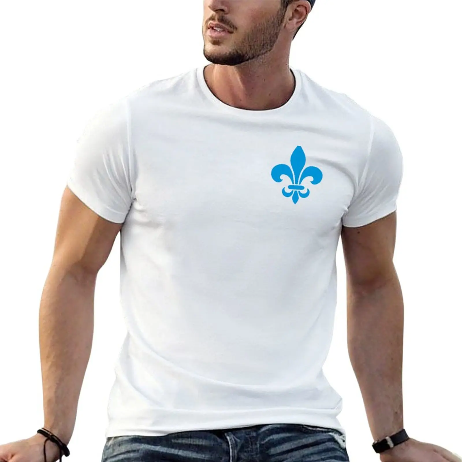 Camiseta con diseño de flor de lis azul de Quebec, Francia, estilo moderno, PQ Qc Royal, francés, en fondo blanco