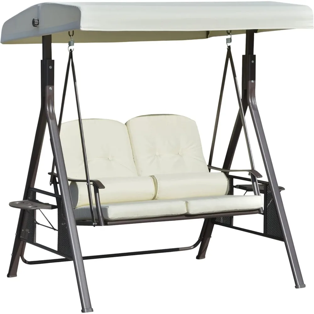 

2-Person Patio Swing Bench with Adjustable Shade Canopy, Soft Cushions, Throw Pillows and Tray, Beige.