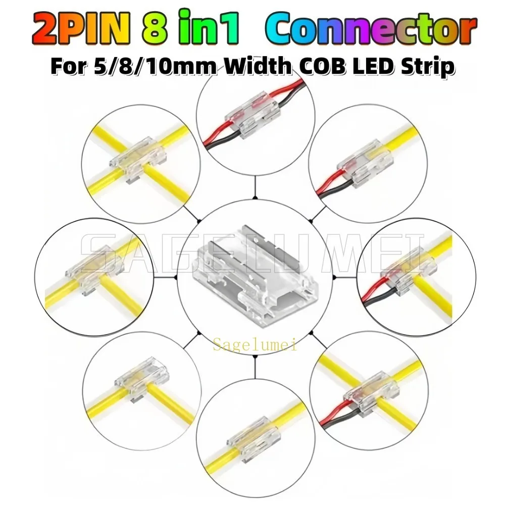 8-in-1 2pin COB LED Strip Connector L/T/X Shape board to wire/wire to wire For 5/8/10mm Width PCB LED Light Strip 5/10/30/50Pcs