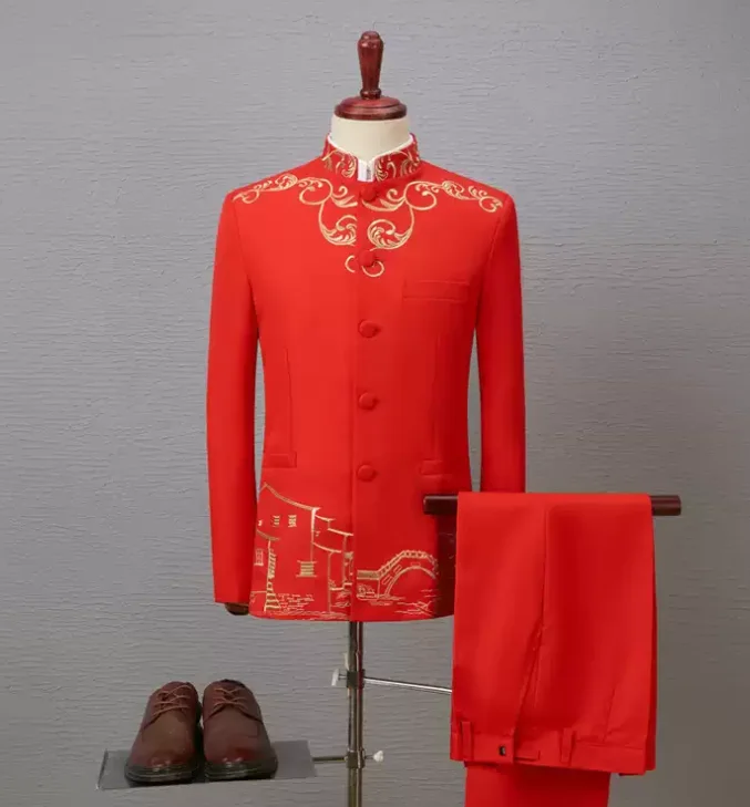 

Chinese Zhongshan Suit Stand Collar Red Man Spring Embroidery Include Jacket Pants