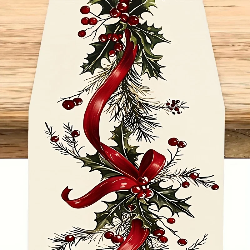 Vintage Christmas Table Runner, Holly Leaf Red Berry Print, Festive Decor for Xmas Family Dinner & Home Gathering