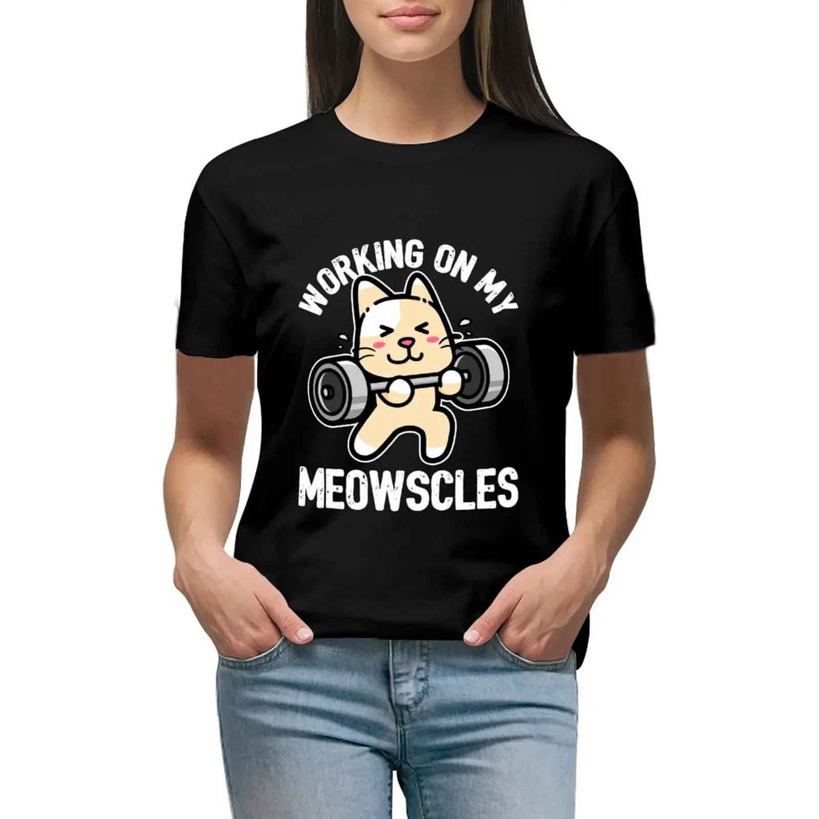 

Working on my Meowscles Funny Cat Gym Workout Pun T-Shirt plain blacks customs Short sleeve tee cropped t shirts for Women