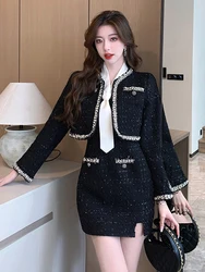 Moda donna Vintage Black Tweed 2 pezzi abiti abbigliamento donna cappotto top giacca Outwear e Sexy Strap Mini Dress Short Set