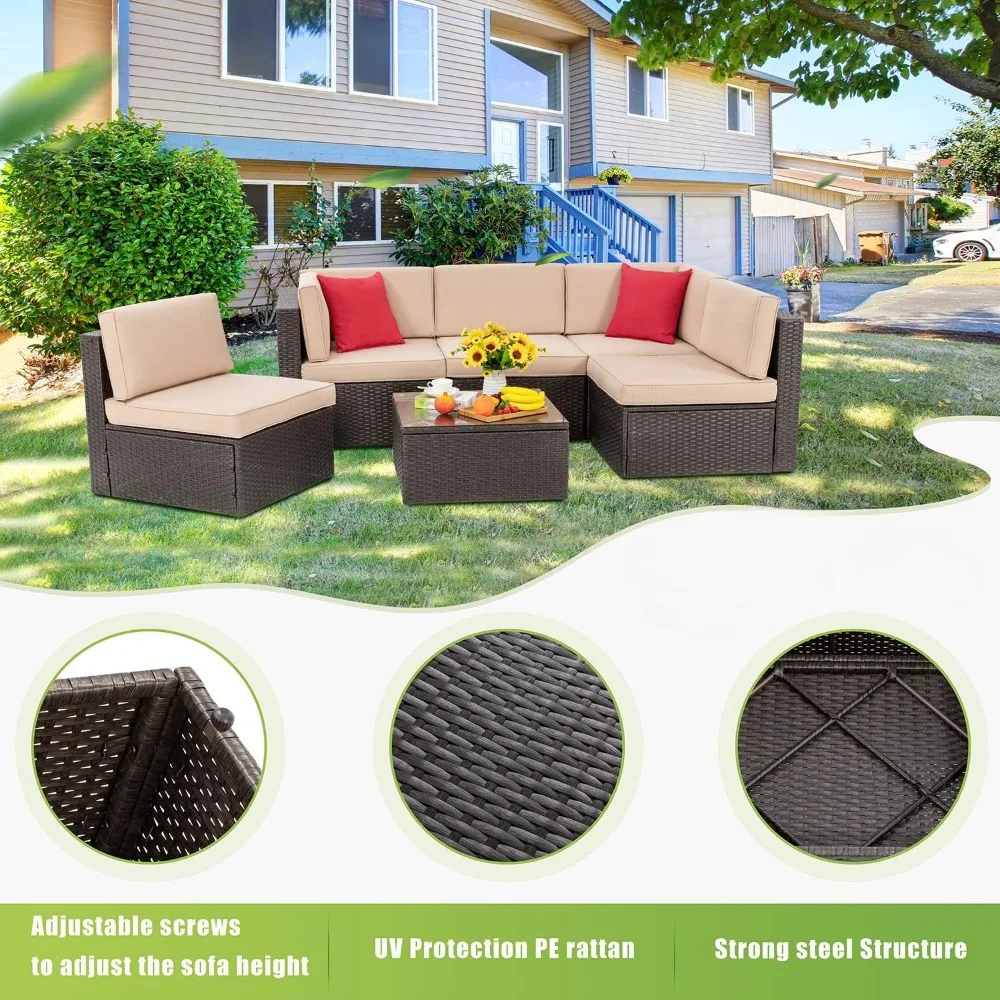 6 Piece Small Patio Furniture Sets, All Weather PE Wicker Rattan Outdoor Sectional Sofa with Glass Table, Cushions and Pillows