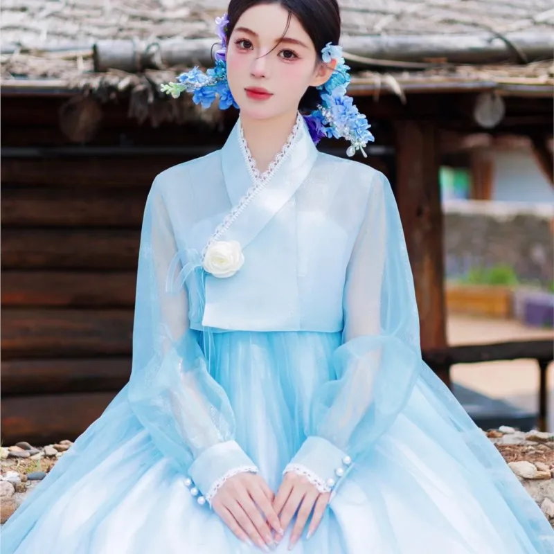 Hanbok New Yanji Korean Clothing Women's Daily Dress Blue Ethnic Style Photography Trip Shoot