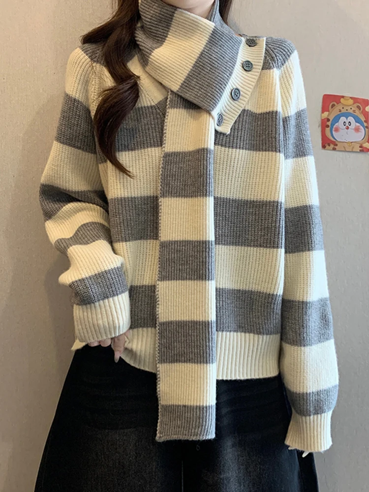 

Женский вязаный свитер с длинным рукавом в полоску, весенняя мода 2026, базовый слой, топ-шарф, корейский стиль, повседневный, простой