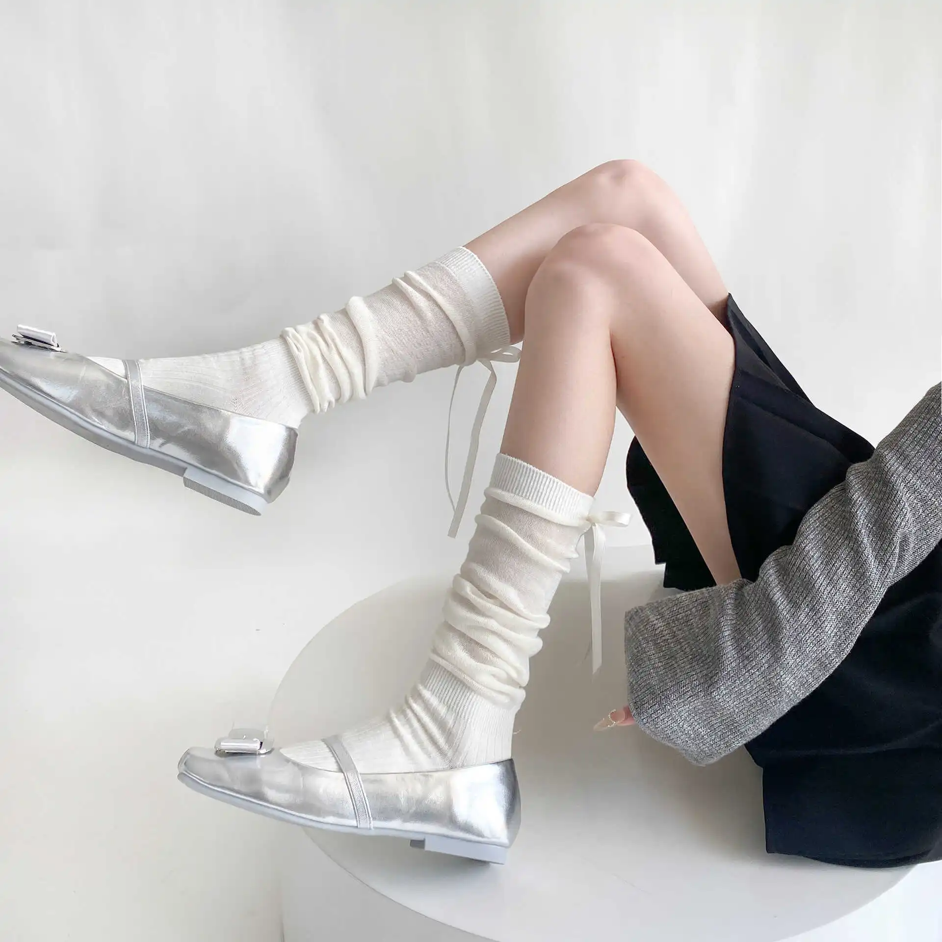 1/2/5 Paar lange Lolita-Socken für Damen, Sommer, ultradünn, atmungsaktiv, Bandage, Schleife, süße Mädchen, JK-Stil, schwarz-weiße Strümpfe – Detail 7