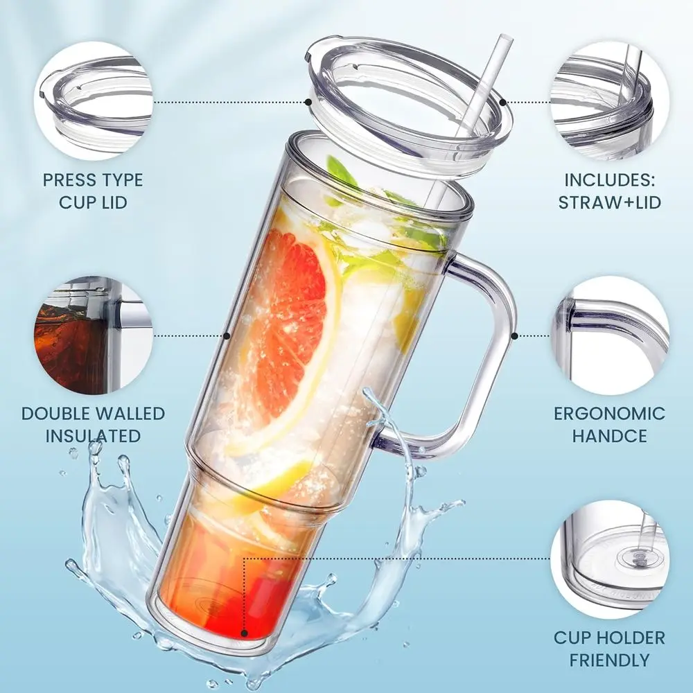 Vaso de plástico transparente de doble pared con asa, tapa de paja y juego de tazas de viaje reutilizables (paquete de 4)