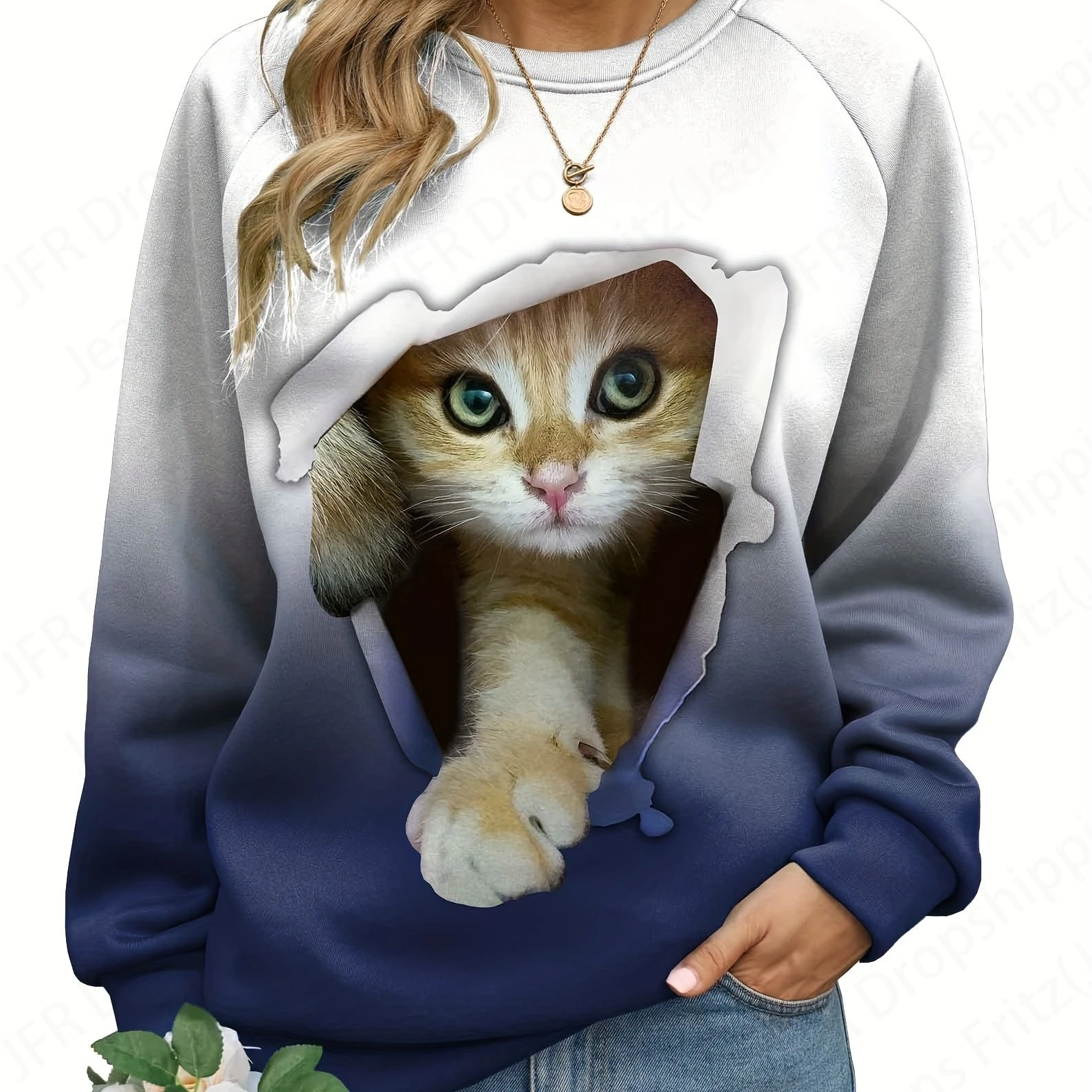 Funny Women\'s Hoodie 3D Cartoon Hole Breaking Cat Print Sweatshirt Casual O-Neck Hoodie Fashion Womens Sweats Spring Autumn Coat