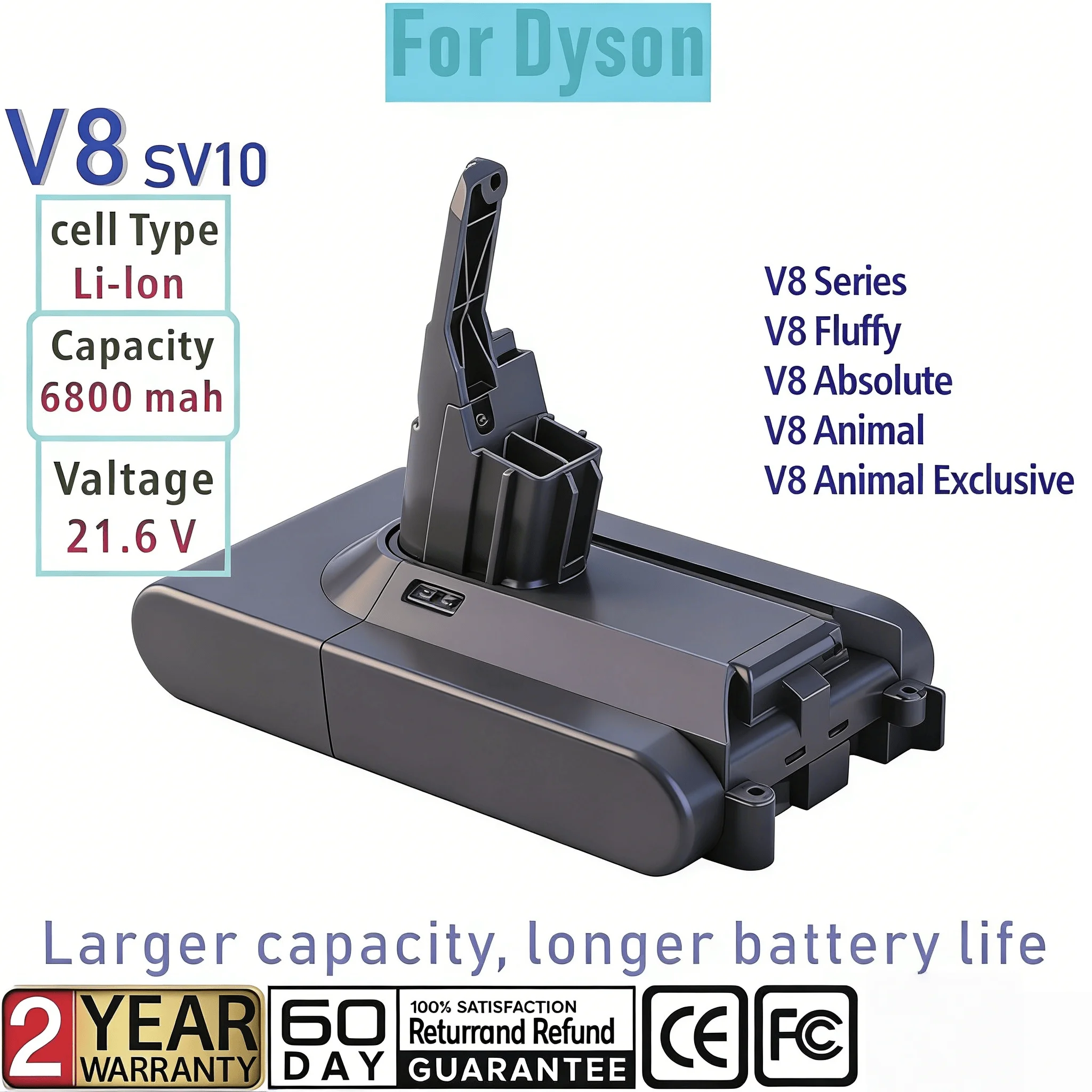 

Rechargeable battery for vacuum cleaner, suitable for Dyson V8 series SV10 Absolute Fluffy Animal