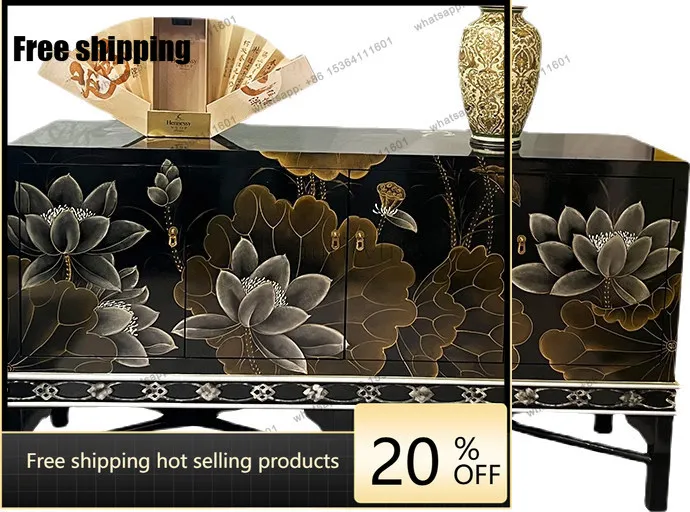 New Chinese-style entrance cabinet painted black background lotus TV cabinet solid wood