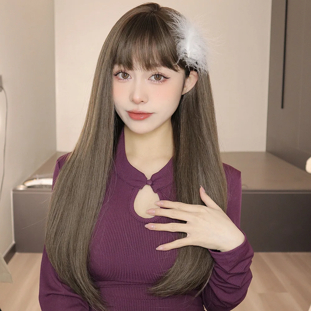 

Qi bangs natural brown fluffy Korean long hair straight hair fashion wig chemical fiber full headgear wigs