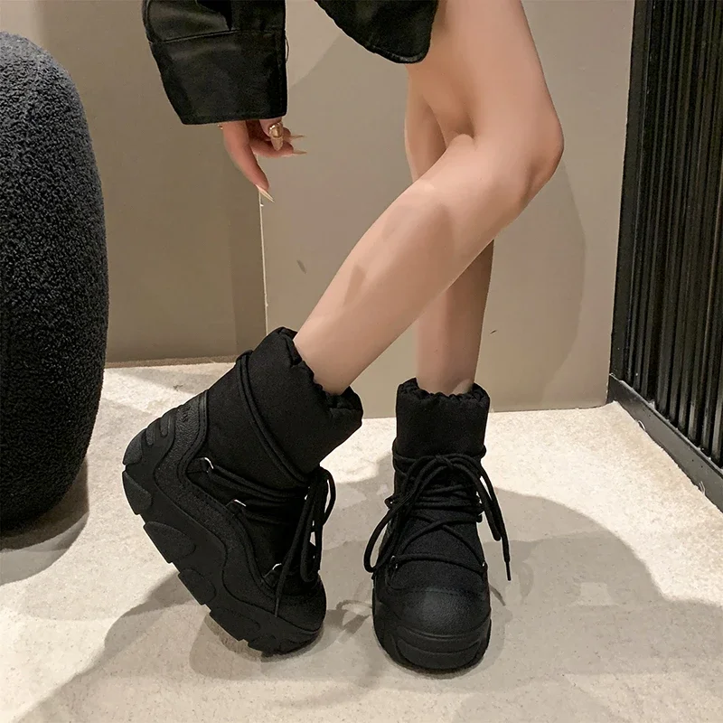 Women\'s Fashion Platform Snow Boots Winter New Round Head Splicing Front Lacing Comfortable Short Cotton Shoes