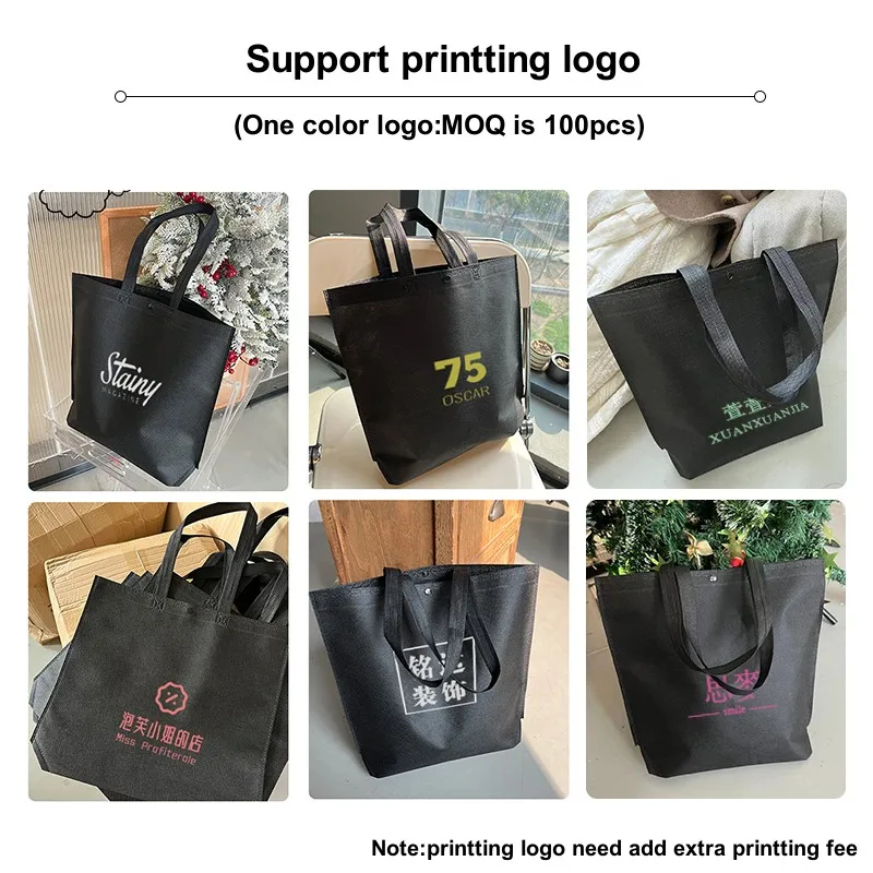 StoBag 10pcs borsa per la spesa in tessuto Non tessuto nero Tote borsa regalo riutilizzabile impermeabile in tessuto portatile Logo personalizzato