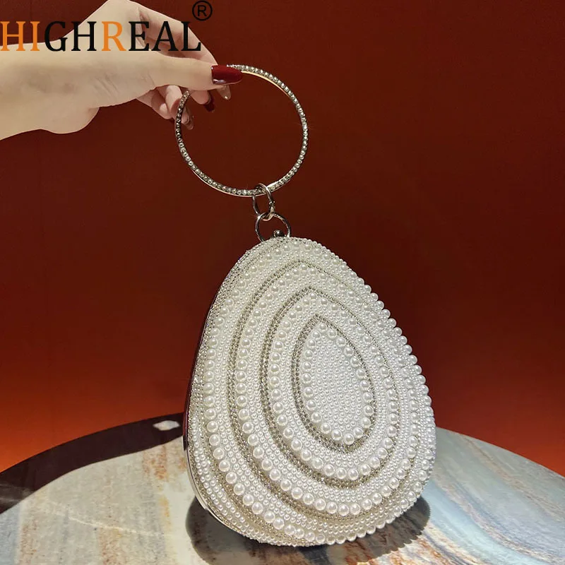 Shell Box Pearls Studded Banquet Bag Women Oval Shaped Pearls Handbags Luxury Evening Dress Bag Glitter Party Wedding Purse