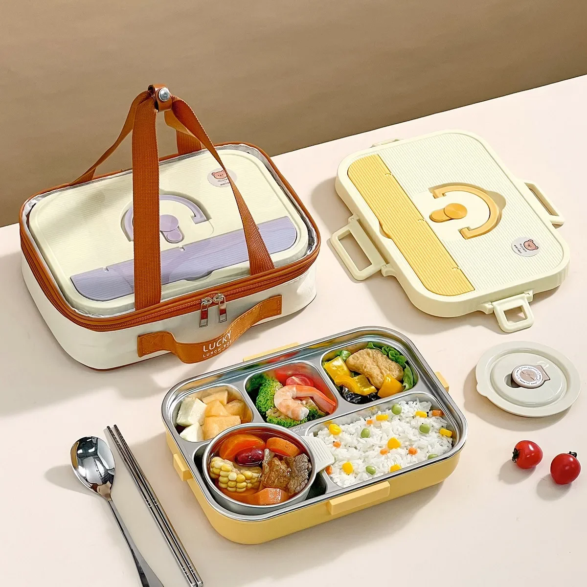 4/5 Grids 304 Stainless Steel Bento Lunch Box With Cutlery Large Capacity Sealed Food Container Set For Student Microwave Safe