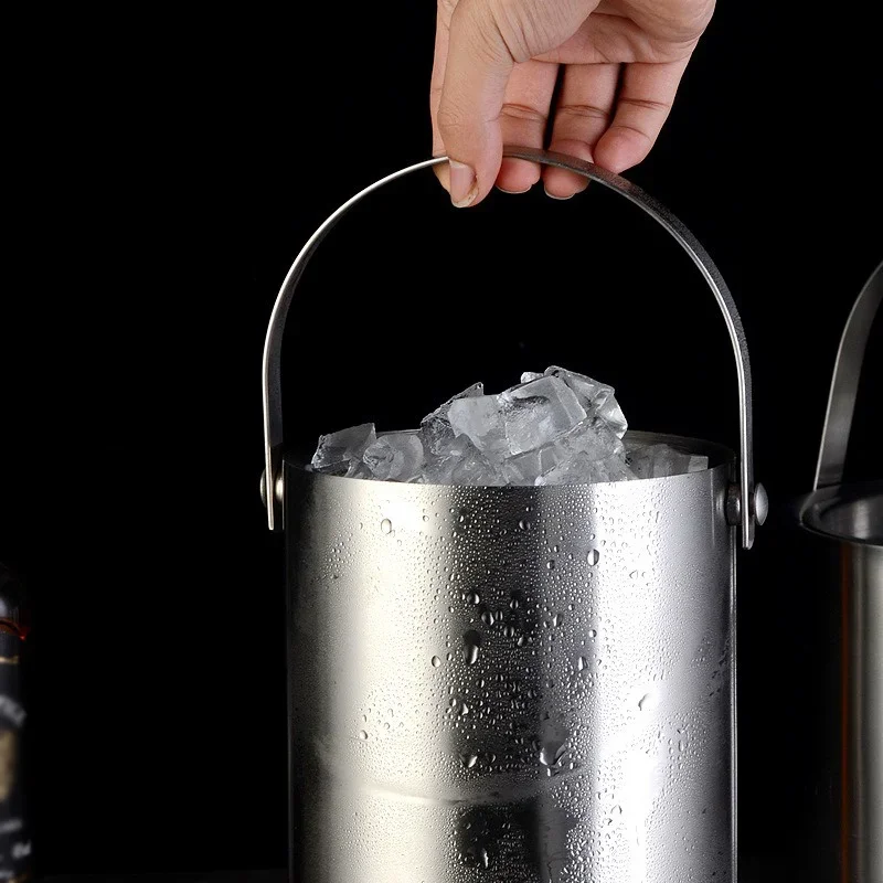 Stainless Steel Double Walled Ice Bucket Beverage Tub Cooler Bucket Comfortable Carry Handle for KTV Bar Whiskey Beer Tools