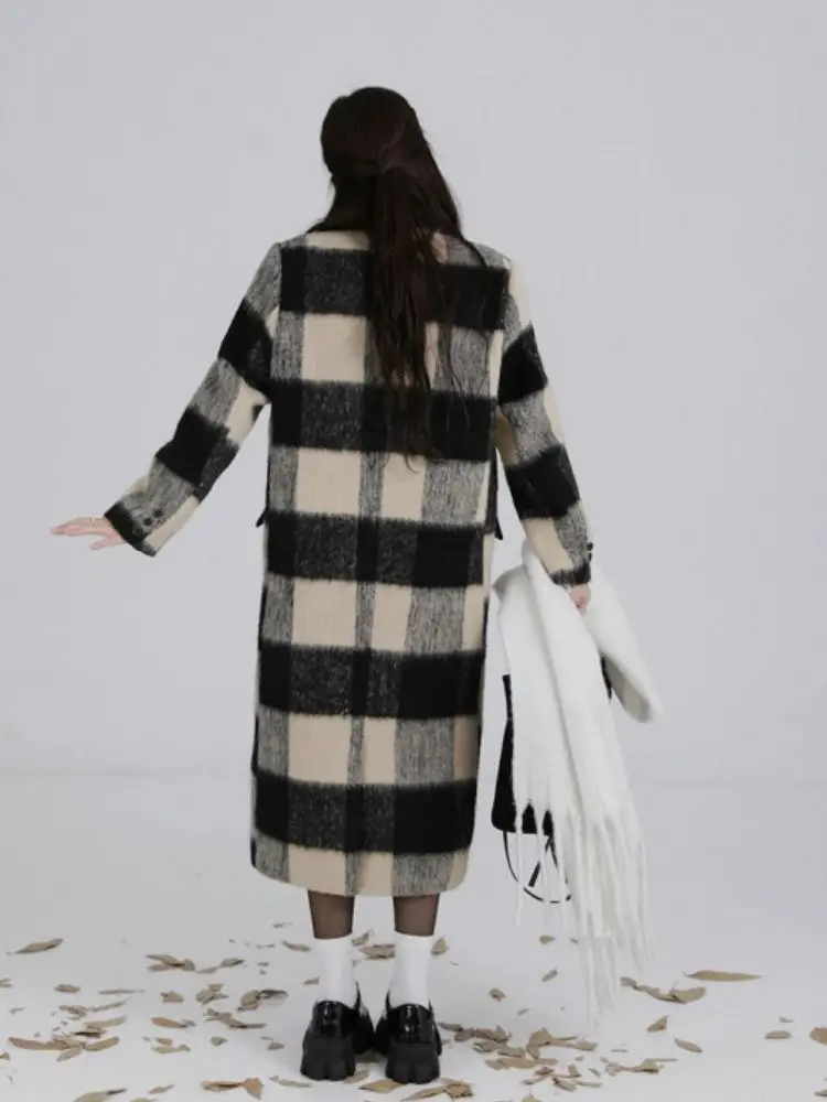 Vintage Black White Plaid Long Wool Coat Women Winter Wool Blazer Coat Thick Luxury Brand Warm Jacket Korean Chic Outerwear