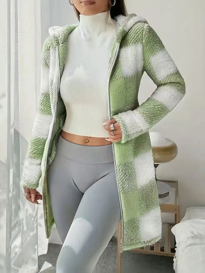 Women Plaid Hooded Coat Cardigan Soft Loose Plush Warm Overcoat Jacket Female Striped Print Outerwear Winter Patchwork Coat