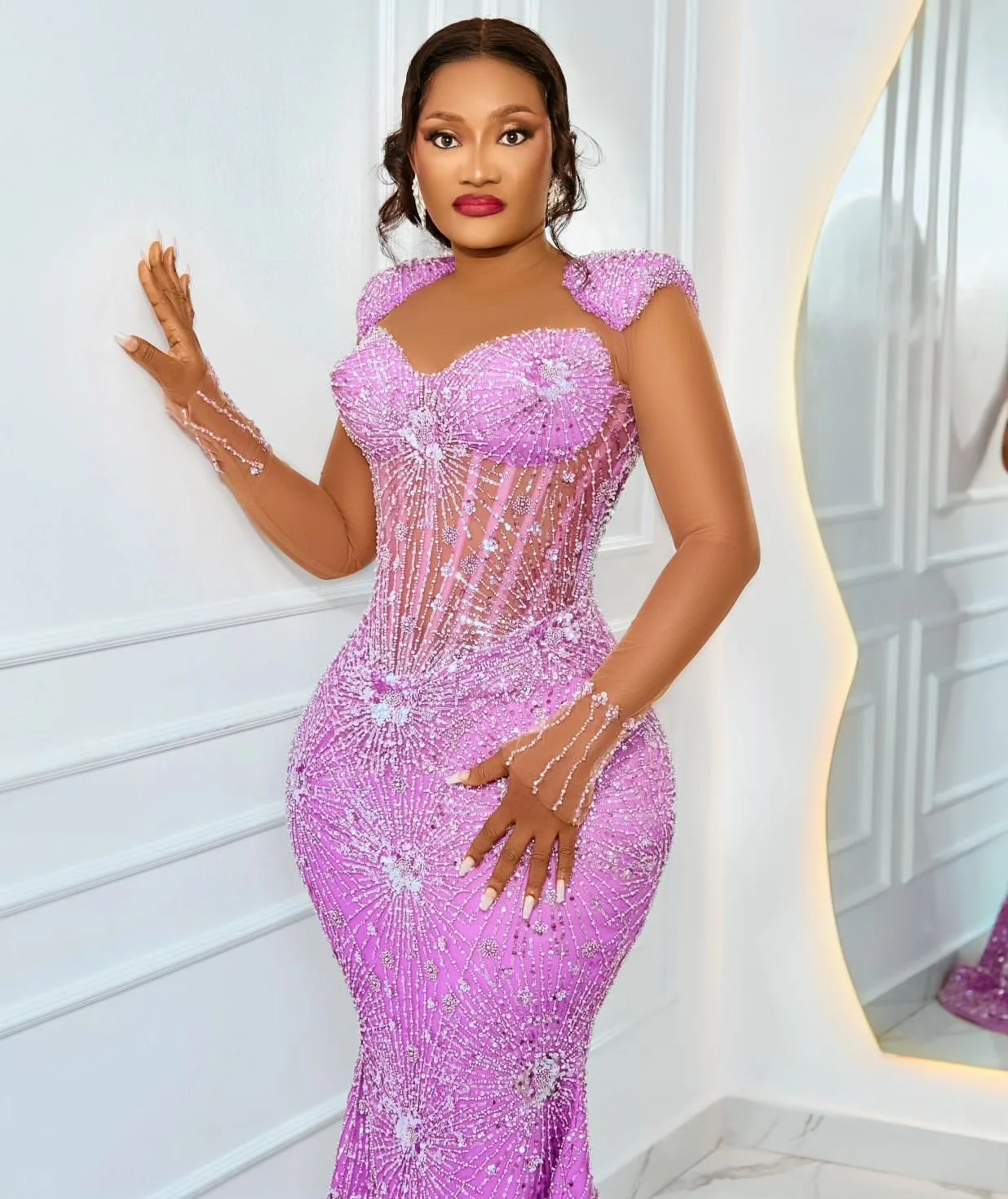 2024 Plus Size Mermaid Lilac Prom Dresses Beaded Sequined Evening Formal Party Second Engagement Birthday Gowns Dress Z335