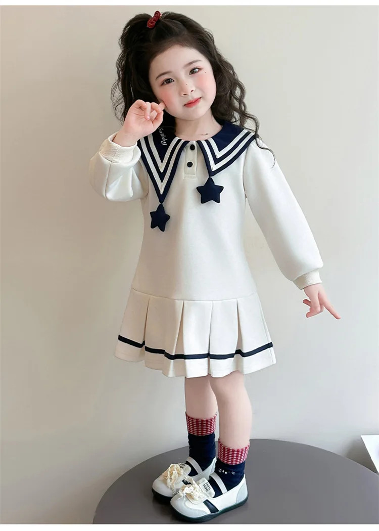Girls Dress 2026 Spring New Korean Version Navy Collar Western-style Dress Casual Fashion Daily Temperament Wear 3