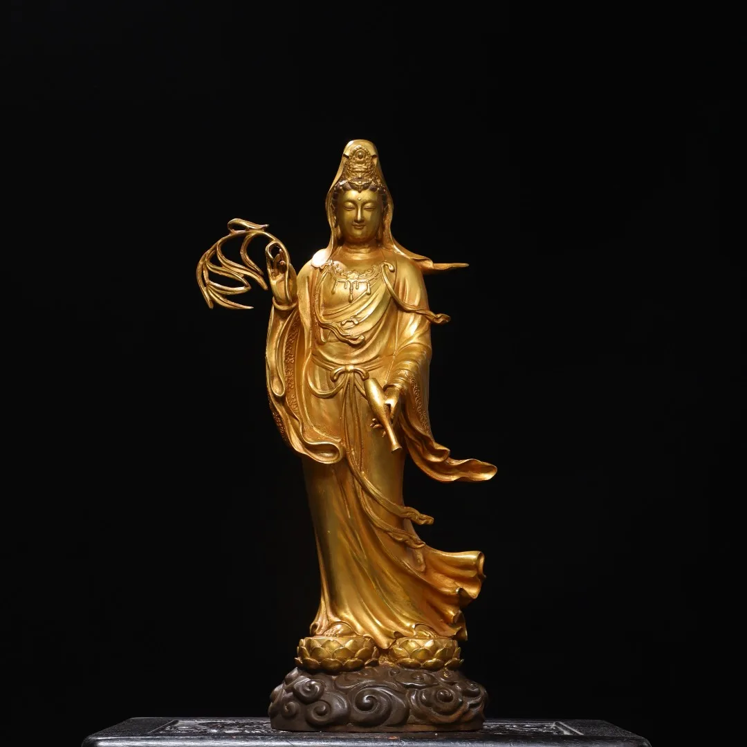

Old Bronze Gilded Cinnabar willow leaf clean bottle Guanyin Bodhisattva Lotus Station Buddha Amitabha Worship Hall Town house