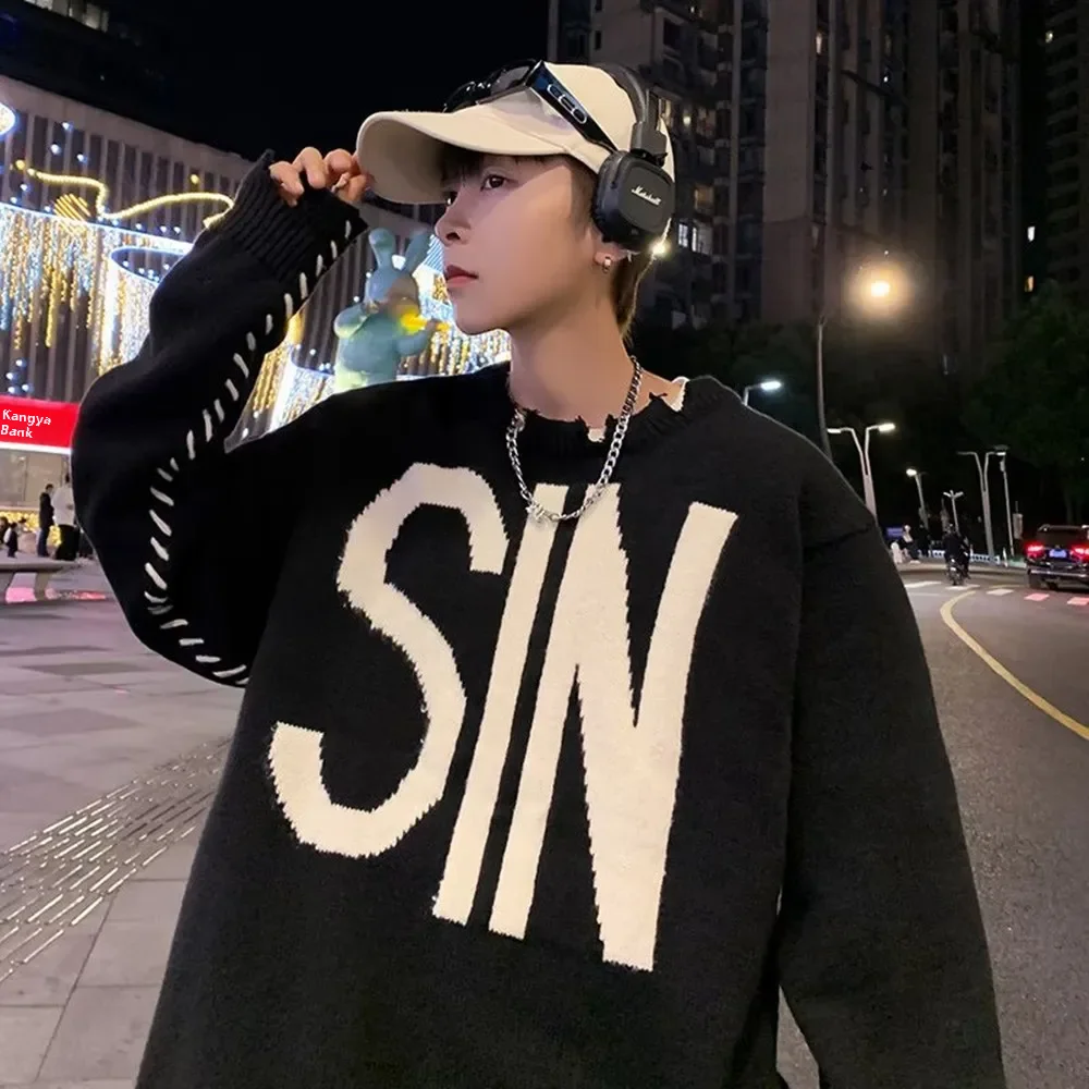 2022 Men's Knitted Top Sin Letter High Street Loose Fit Casual Irregular Destructive Round Neck Trendy Brand Sweatervibe