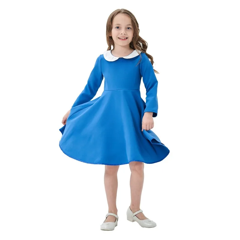 

Girls Elegant Short Dress Color Blocking Long Sleeve High Waist Casual Dress Children Kids Back Zipper Lapel Party Dress